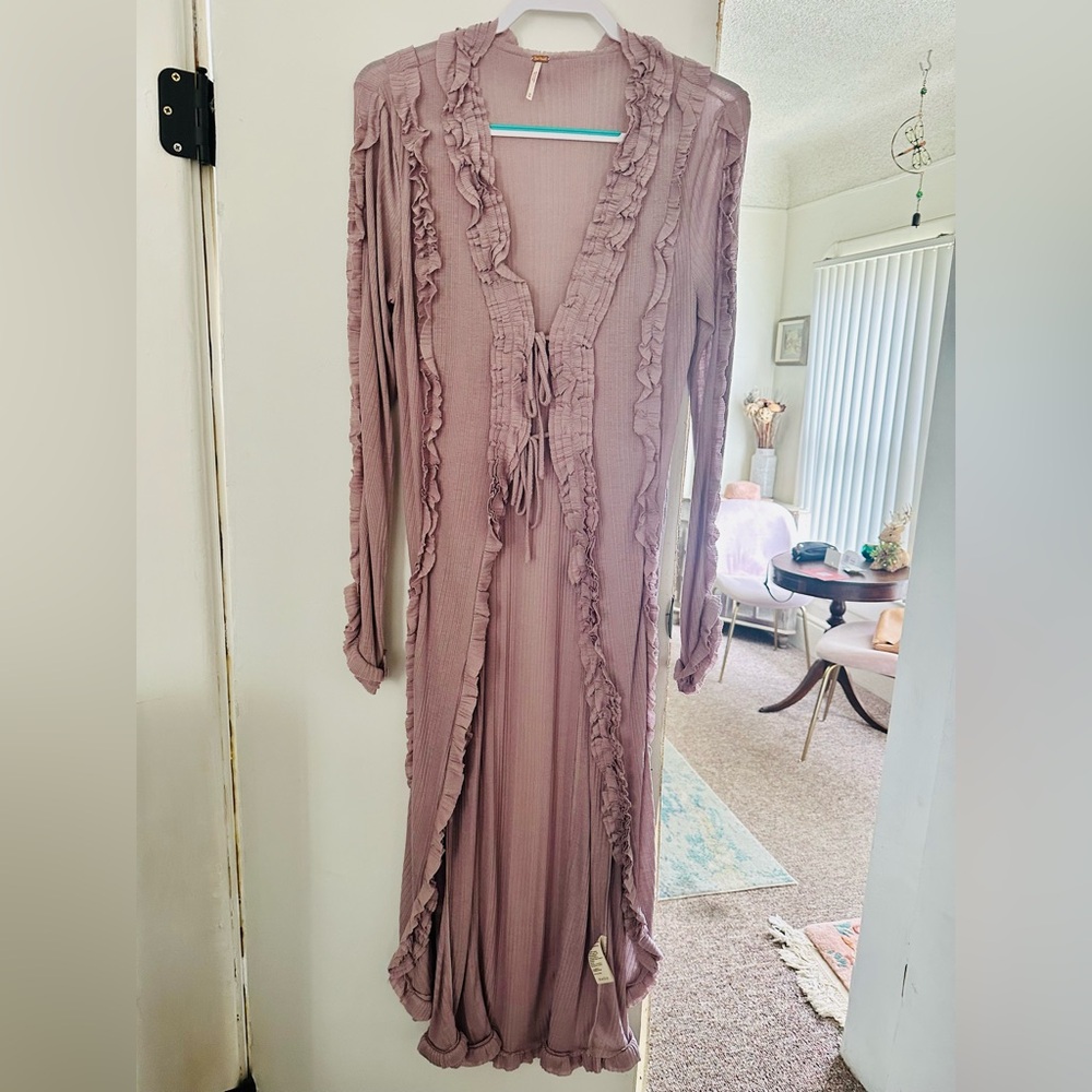 Free People Ruffled Purple Front-tie Duster